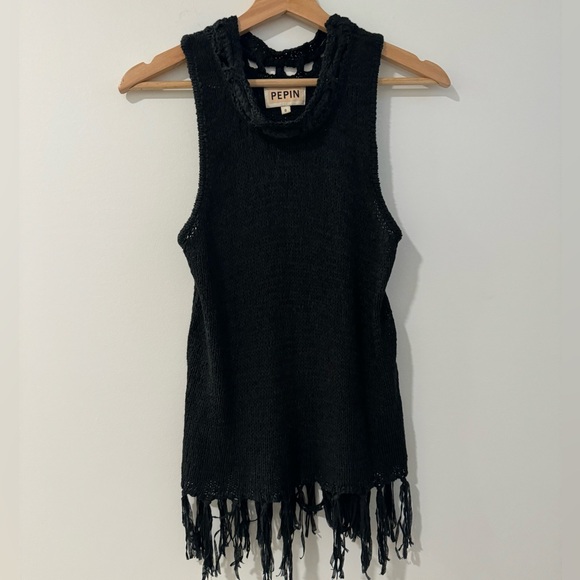 PEPIN Anthropolgie Black Knit Fringed Tank Top - Picture 1 of 6
